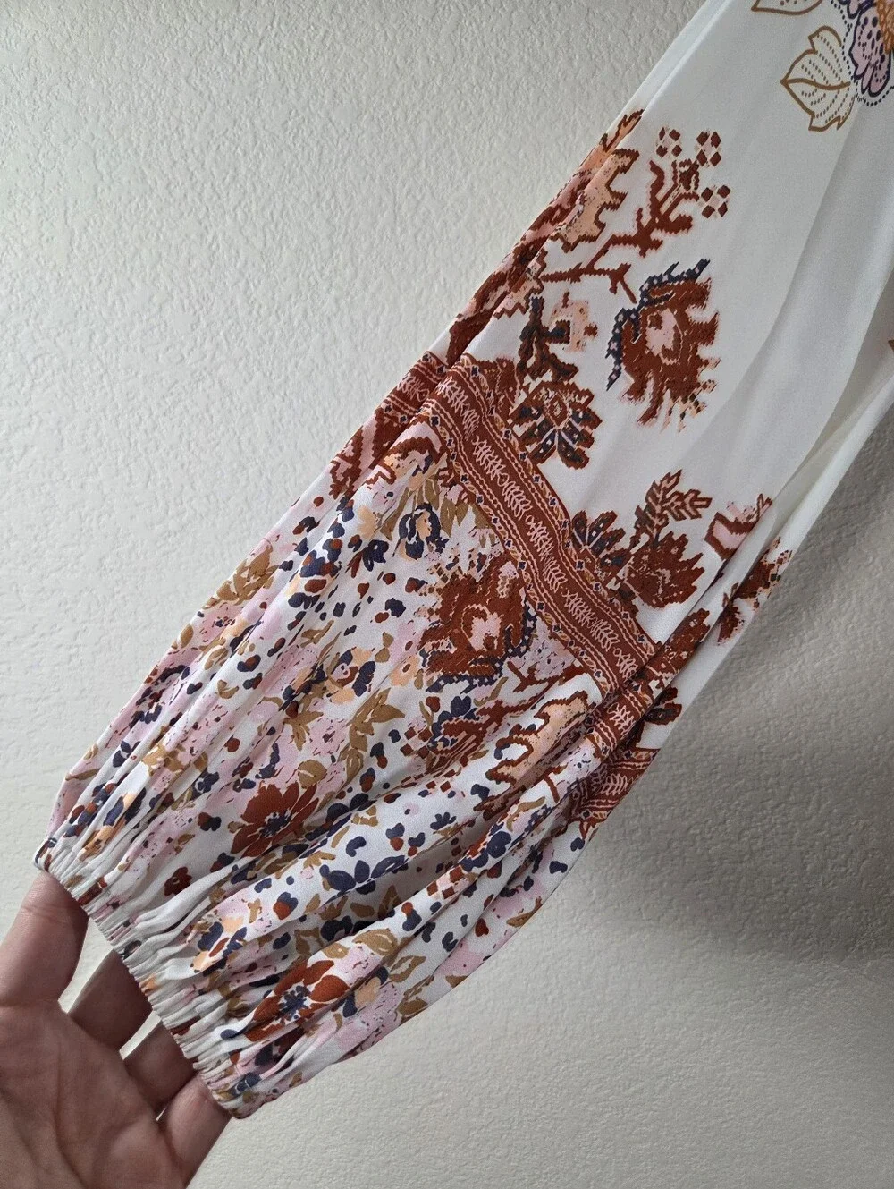 FREE PEOPLE Run Free Boho Mixed Floral Print Tie Front Long Sleeve Tunic Blouse
